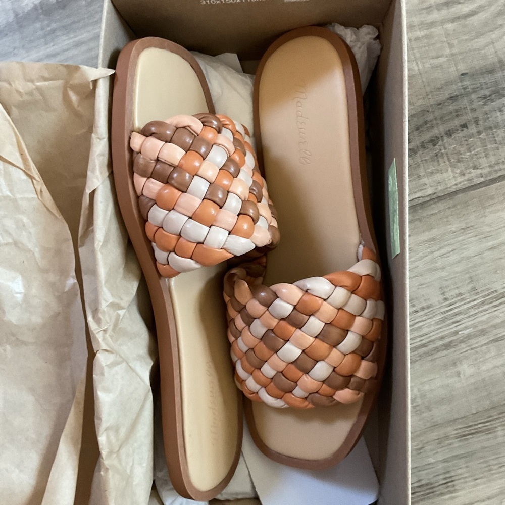 New Madewell The Suzi Slide Sandal Shoe Woven Puff Leather Square Toe Slip Flat - Picture 3 of 6